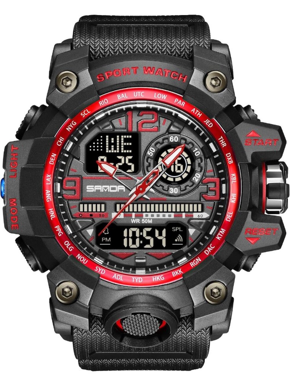 Men's Black Red Sports Outdoor Waterproof Military Multi Function Tactics Watch